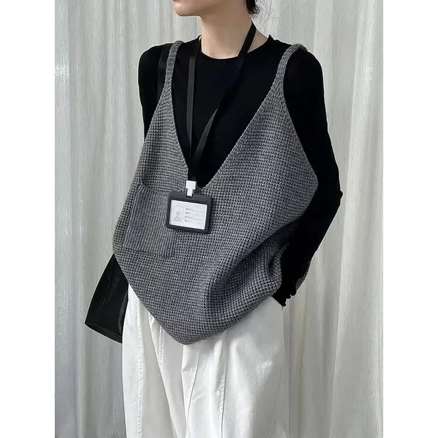 Femmes noir gris bref grande taille décontracté tricot gilet nouveau col en V sans manches pull mode marée printemps automne pull gilets 1