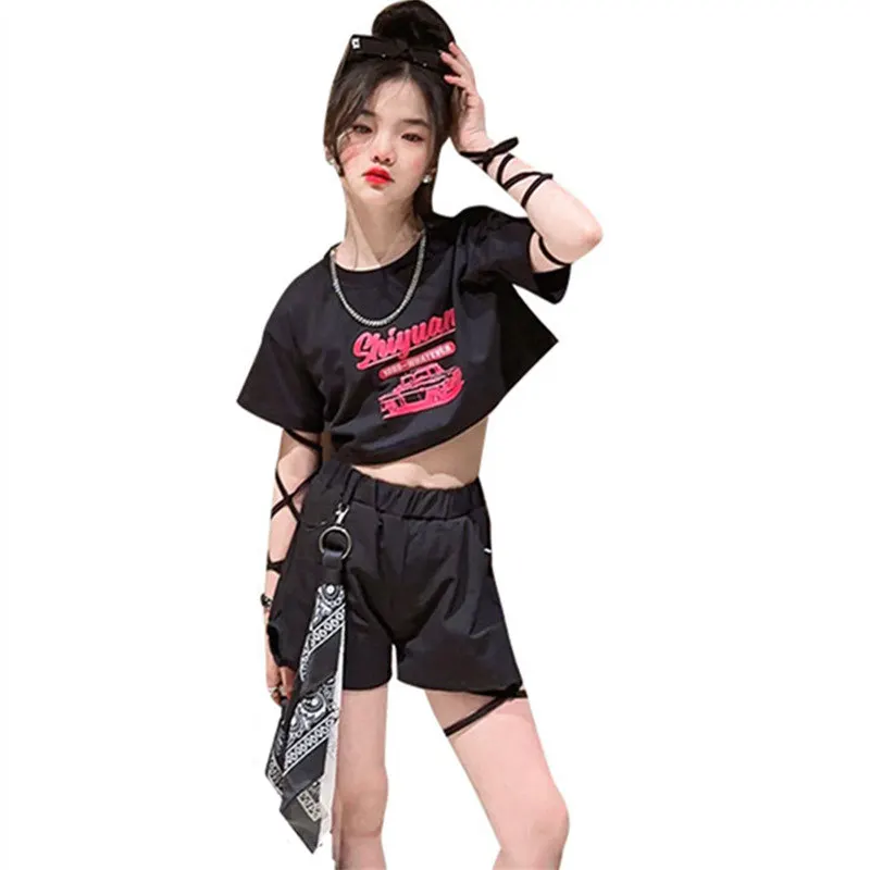 

Teen Girls Clothing Sets Summer Fashion Strappy Crop Top + Shorts Cool Hip Hop Two Pieces Suit Children Streetwear Dance Outfits