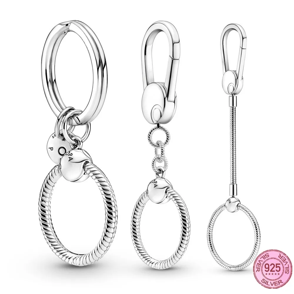 Original Pandora 925 Silver Keychain  Charm Key Ring with Logo Fit Original Charm Beads Jewelry DIY Making Fashion Cute