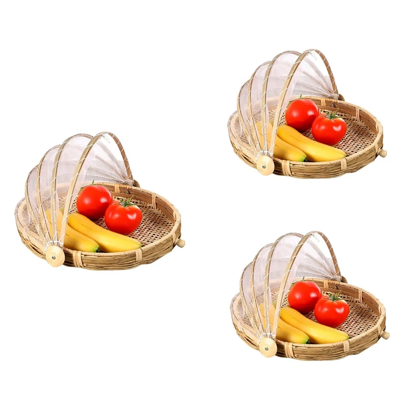 

Бамбуковая корзина для пищевых продуктов, ручная плетеная корзина, Пылезащитная круглая корзина для пикника, многоразовая корзина для овощей, фруктов, хлеба