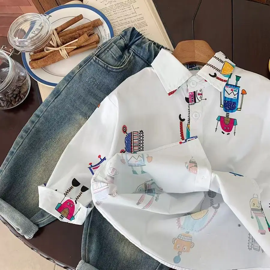 Boys' Cartoon Shirt Spring and Autumn New Children's Leisure Robot Full Print Cardigan Boys' Baby Handsome Fashion Top Trendy