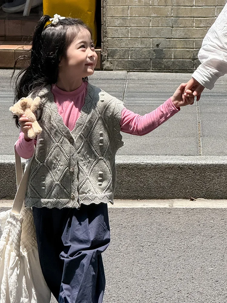 2026 소녀 소년 다이아몬드 니트 민소매 가디건 봄 키즈 니트 꽃무늬 조끼 2-8..