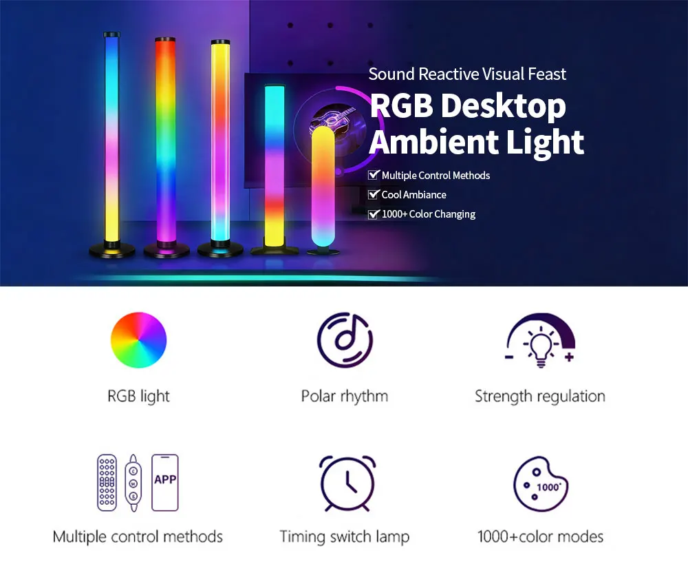 Smart RGB Desktop LED Ambient Light Bar – Music Rhythm Sync, Bluetooth App & Button Control for Gaming Room, Bedroom & Desk Decoration
