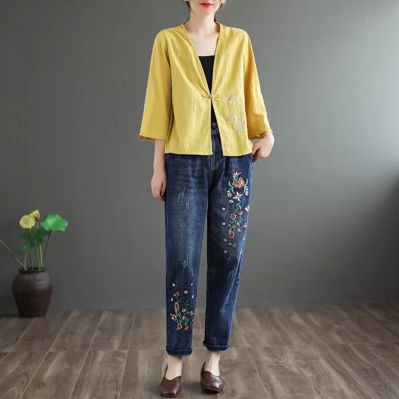 Women Denim Pants Harlem Pants Embroidery Casual Trouser Woman Clothing High Waisted Loose Fit Casual Solid Design Office Lady