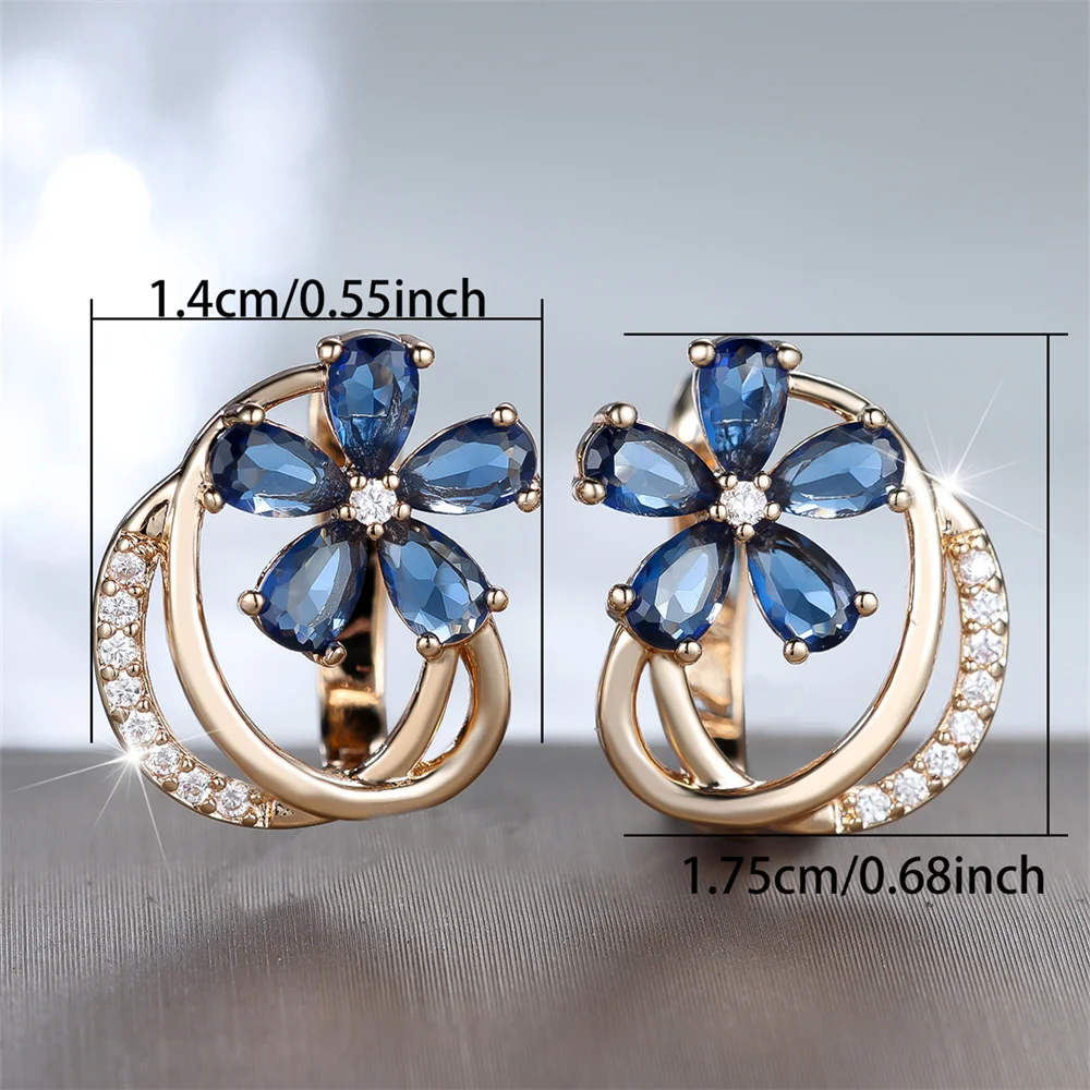 Female Cute Flower Blue Crystal Geometric Hoop Earrings For Women Vintage Gold Color Ear Buckle Wedding Jewelry Engagement Gifts