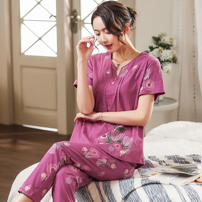 

Summer Full Pure Cotton Pajamas Women Short-sleeved Sleepwear Pijamas Mujer Homme Nightwear Floral Print Pyjamas Female M-3XL