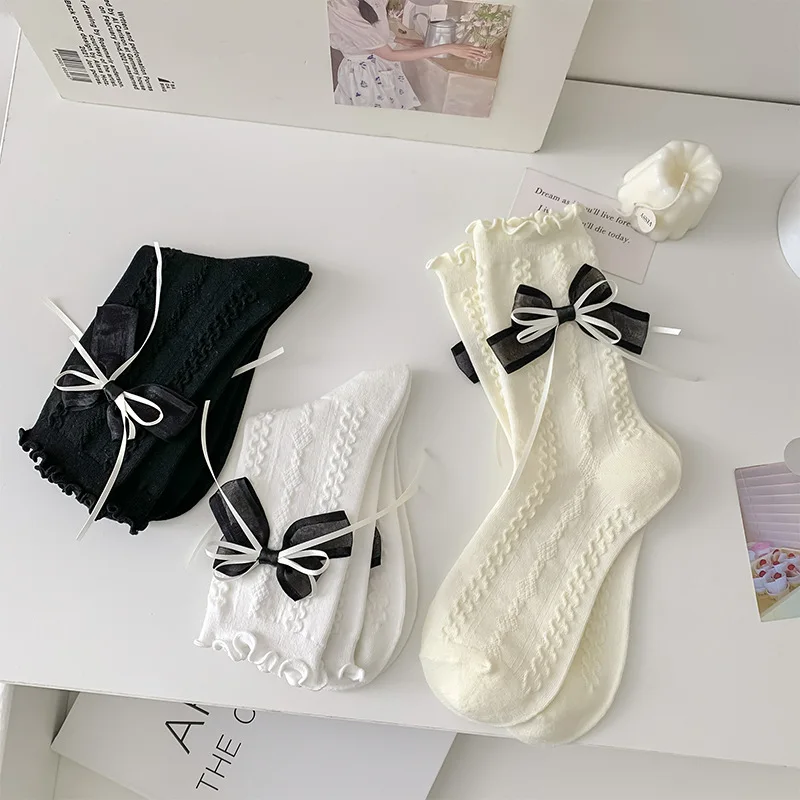

Lolita Bowknot Cottton Socks Women JK Fuguns Socks Female Sweet Long Socks Girls Ankle Dress Calcetine Medias