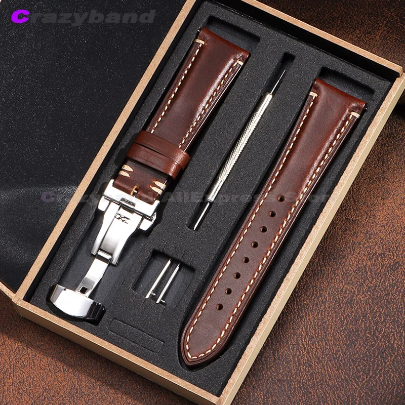 Luxurious Genuine Leather Wrist Bracelet with Butterfly Clasp - Elegant Watch Band Accessory with Gift Box