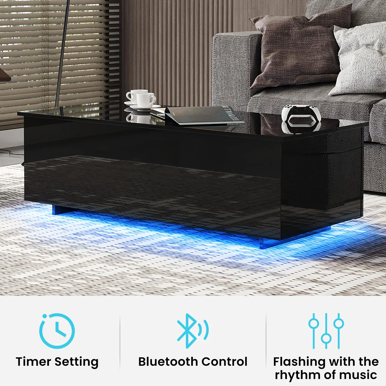 Led Lift Top Table for Living Room, High Gloss Coffee Table with Hidden Storage, 47 inch Modern centre