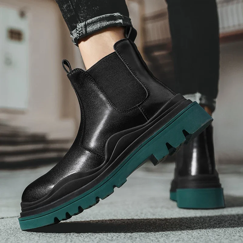 

Winter Fur Chelsea Men Boots Green Sole Fashion Ankle Boots Platform Leather Boots Outdoor Snow Boots Men Genuine Leather Boots