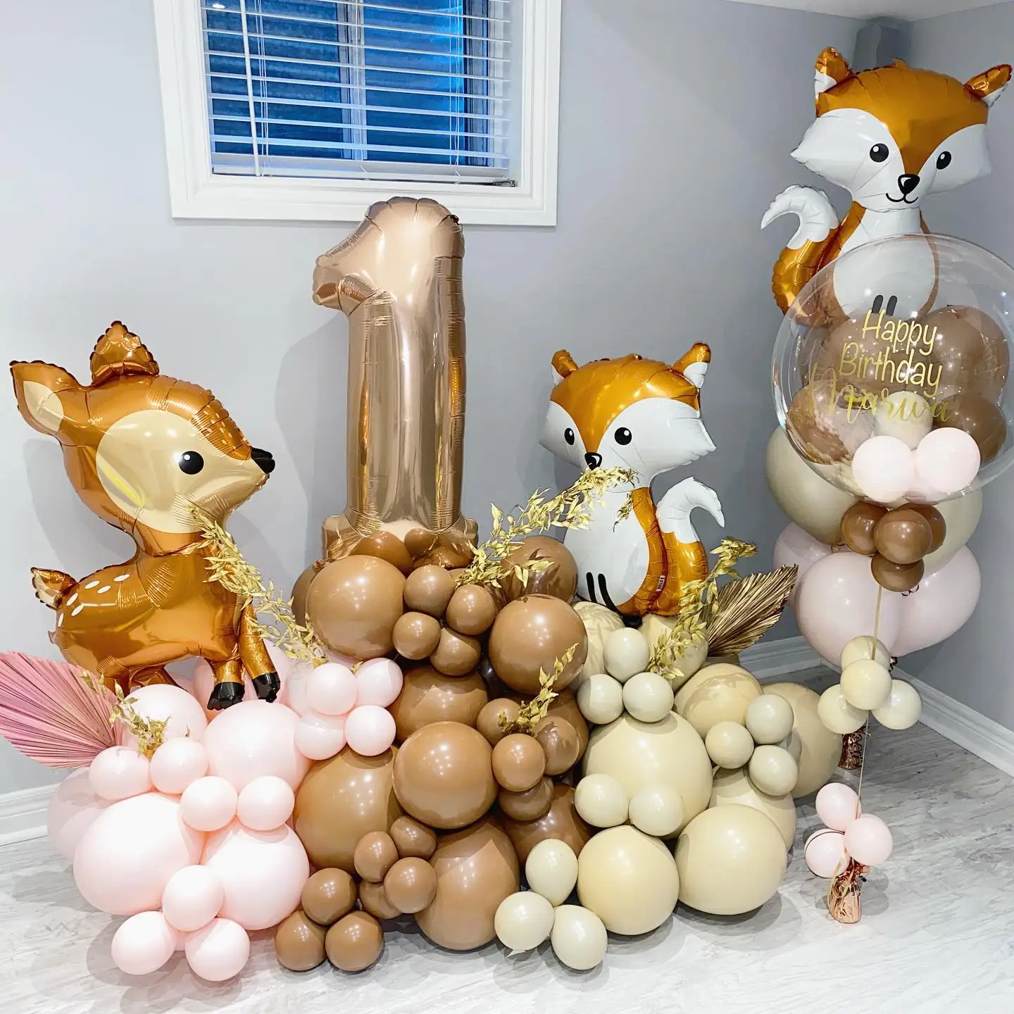 

1set Happy Birthday Balloons Set Deer Fox Foil Balloons Number Helium Balloon Woodland Theme Birthday Party Decor for Kids