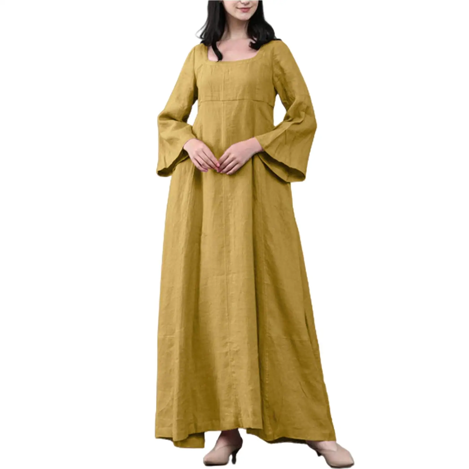 

Casual Elegant Dress Retro Women Clothing O Neck Long Sleeve Solid Color Large Hem Cotton Linen Maxi Dress 2022