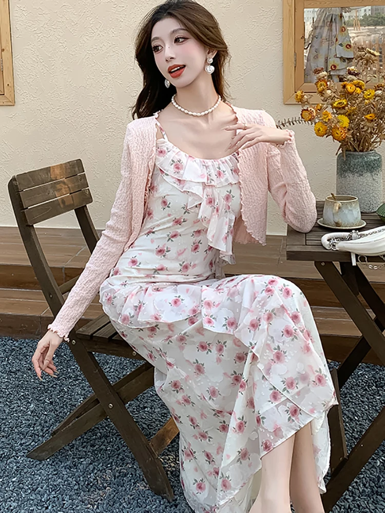 Spaghetti Strap Korean Dress With Cardigan Spaghetti Strap Korean