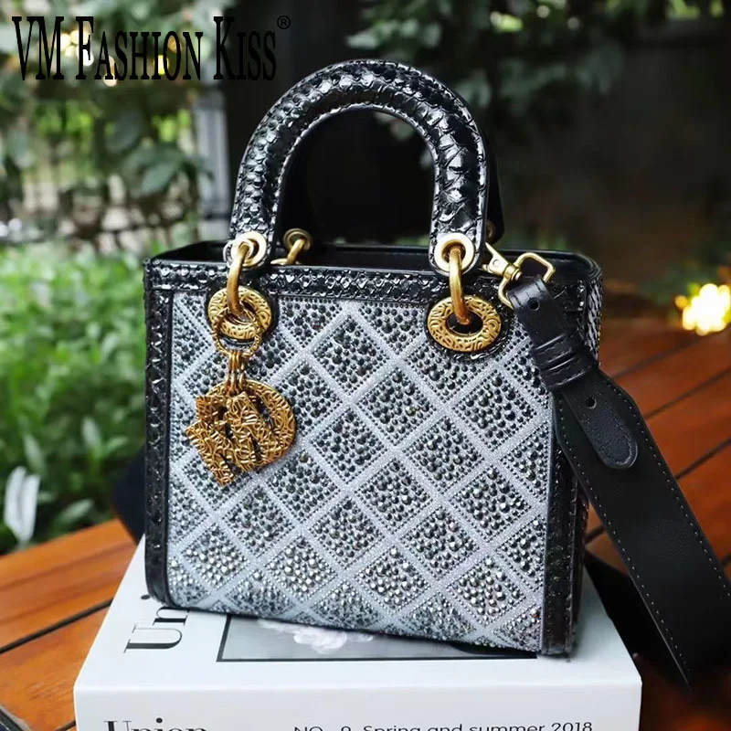 

VM FASHION KISS Split Leather Water Diamond Portable Small Square Bag Banquet Shoulder Crossbody Women's Designer Luxury Bag