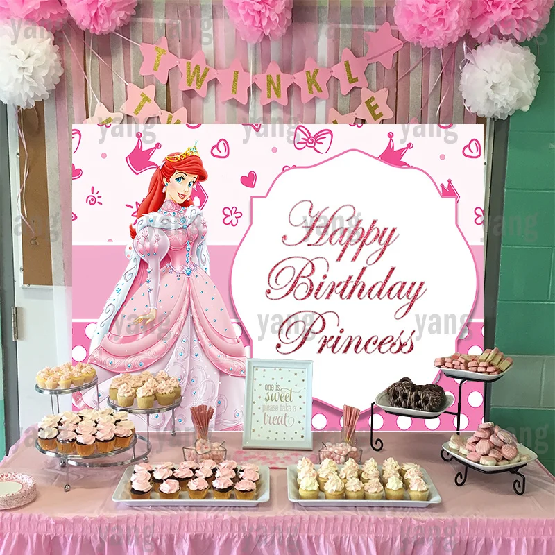 Custom Pink Disney Backdrop Newborn The Little Mermaid Ariel Princess Love Heart Crowm Flowers Birthday Party Backgrounds Banner
