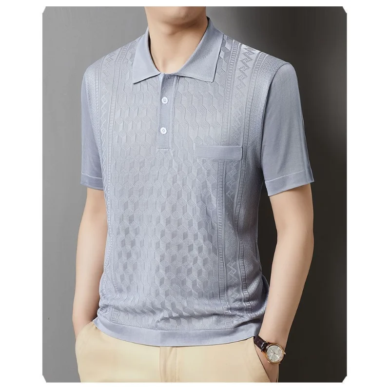 Polo da uomo in maglia jacquard tinta unita con taschino sul colletto, manica corta, elegante, estivo, per affari - immagine 3