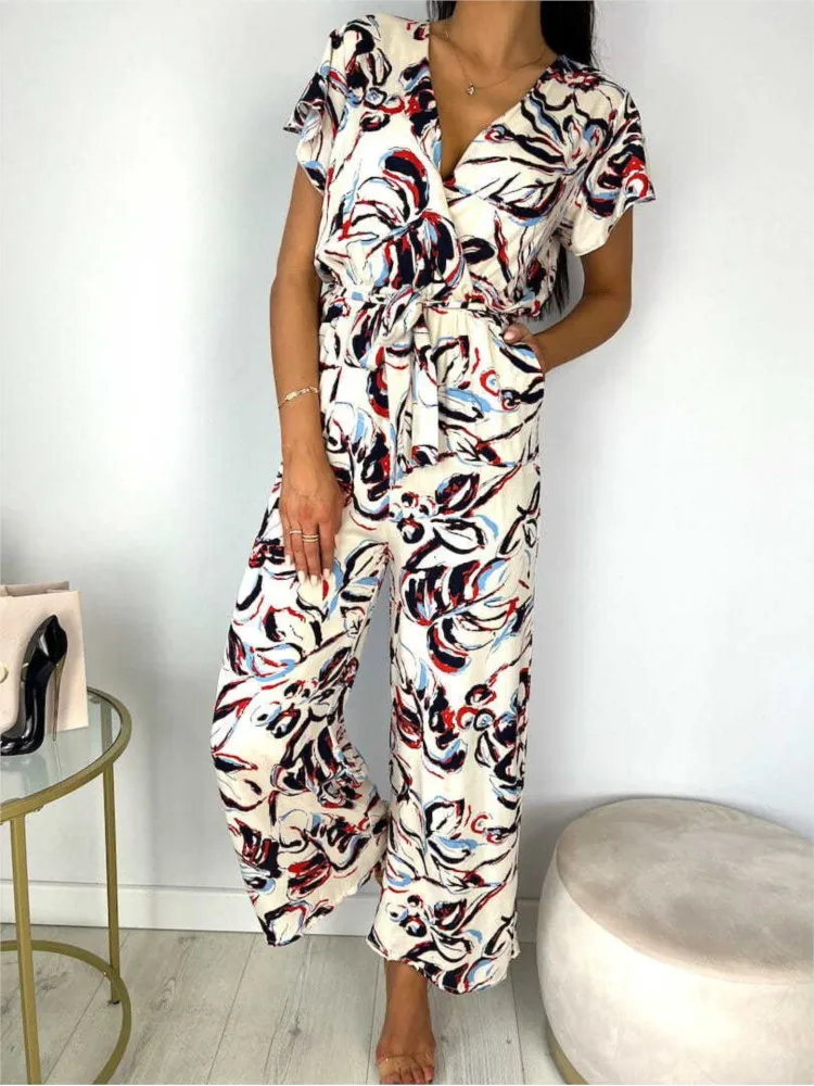 2024 Summer V Neck Sleeveless Jumpsuit Women Ruffles Print Jumpsuit Clubwear Fashion Casual Lace Up Female Elegant Romper