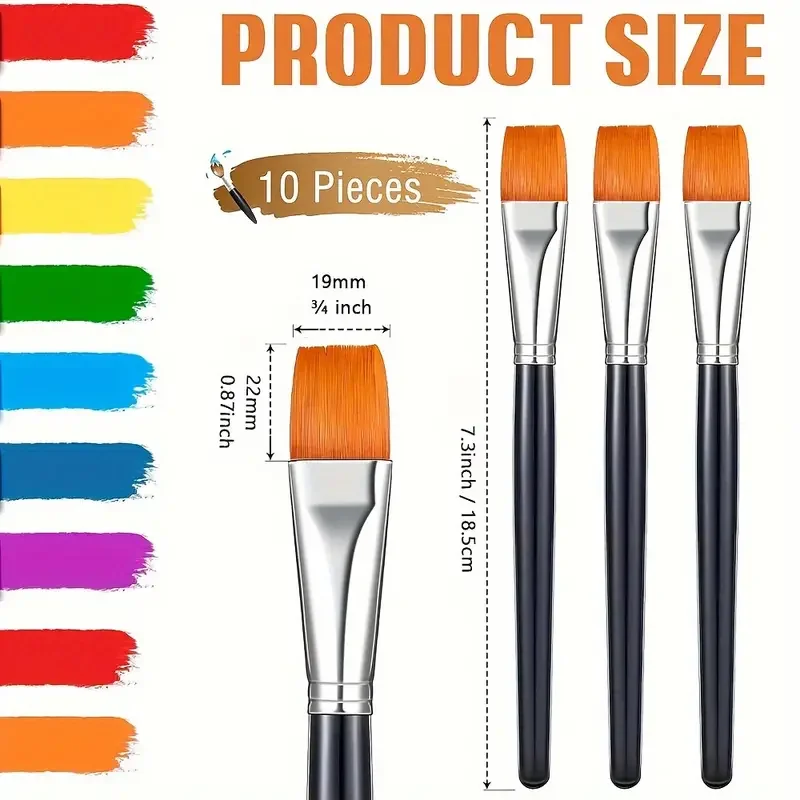 10pcs Flat Acrylic Paint Brush 3/4 Inch Wide Paint Brushes Watercolor Quality Synthetic Artist Paint 2