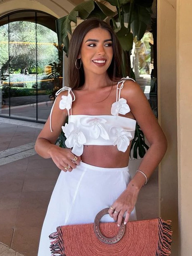 Chic 3d Flower Lace-up Spaghetti Strap Cropped Tops For Women 2024