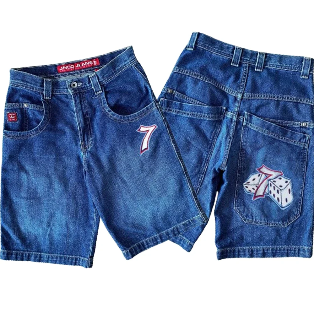 

Harajuku JNCO Shorts Y2K Pants Hip Hop Lucky 7 Dice Graphic Retro Blue Baggy Denim Gym Shorts Gothic Mens Basketball Short