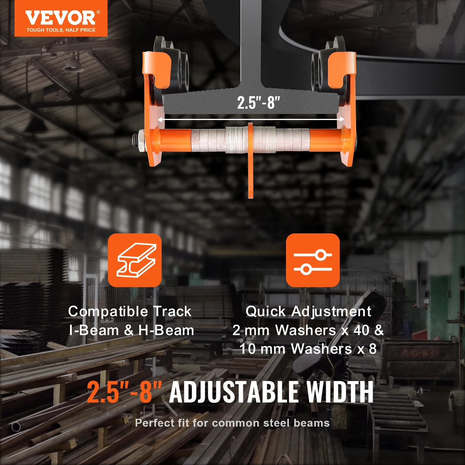 0.5/1/2/3/5 Ton Manual Push Beam Trolley Dual Wheels Adjustable Straight Curved I-Beam Flange Width 2.5" to 8" for VEVOR