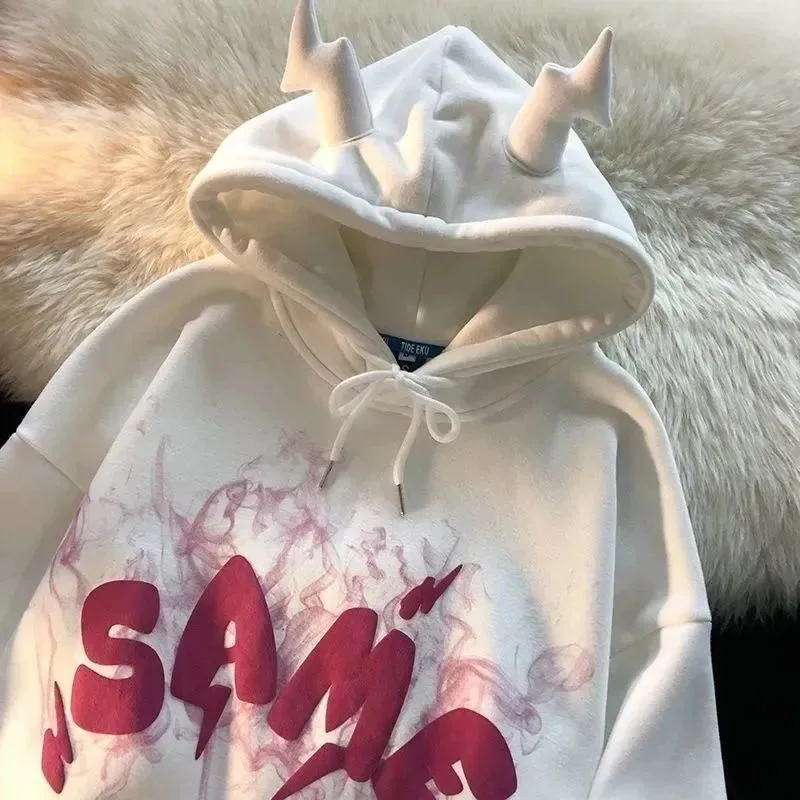 Winter Casual Retro Oversized Long Sleeve Street Hoodies Autumn Y2K Hoodie Harajuku Women Letter Hooded Sweatshirt Gothic Tops