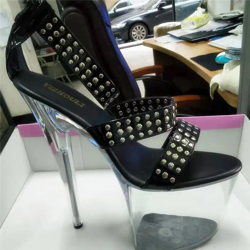 

Summer 20 cm stiletto heels, women's sandals, fashion transparent runway sexy rivet decorative dance shoes