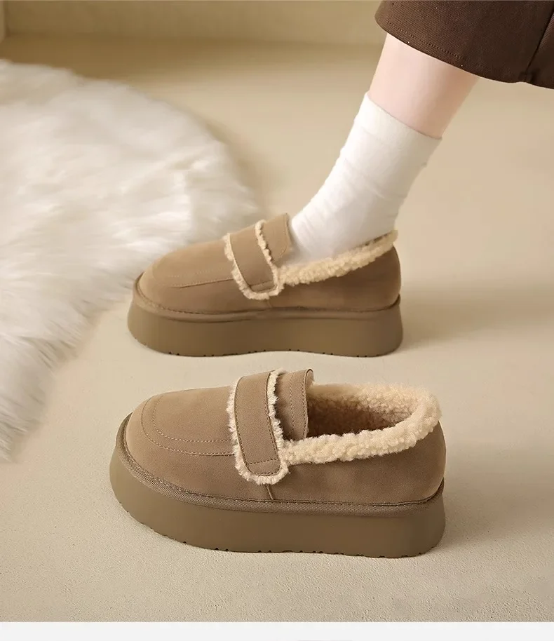 Women's Thick Soled Snow Boots Autumn Winter Plush Boken Shoes Retro Height Increasing Warm Anti Slip Cotton Shoes Loafers