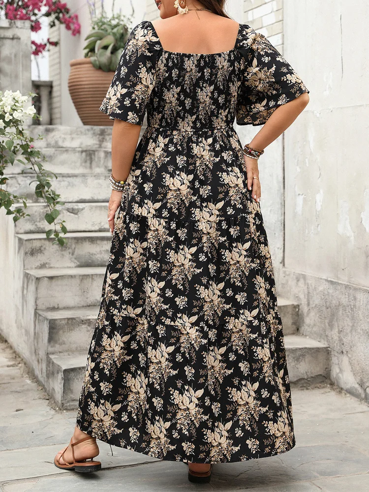 GIBSIE Plus Size Square Neck Floral Print Maxi Dress Women Summer 2026 Knot Front Hollow Out Boho Vacation Big Swing Dresses 2