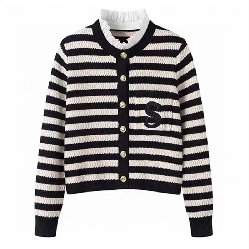 여성용 스트라이프 니트 스웨터, 우아한 작업복, 가디건 상의, 긴팔 O넥 싱글 브레스트 코트, 빈티지 점퍼, 2024 가을