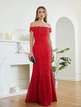 فساتين وصيفة الشرف طويلة حورية البحر باللون الأحمر الساحر أنيقة قبالة الكتف مطرز بالخرز من الدانتيل بطول الأرض لحفلات الزفاف والحفلات الراقصة 4