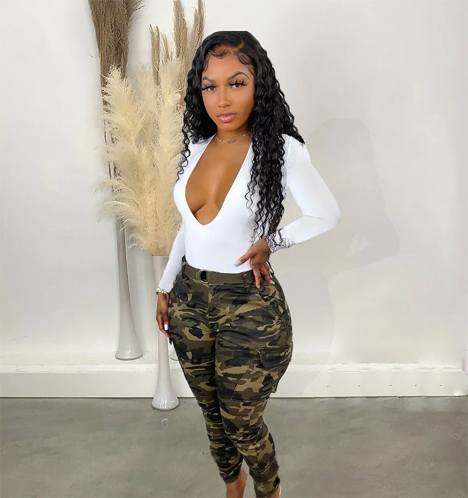 

Vintaeg Camouflage Printed Trousers Jeans Women Fashion High Waist with Belt Skinny Long Pants Y2K