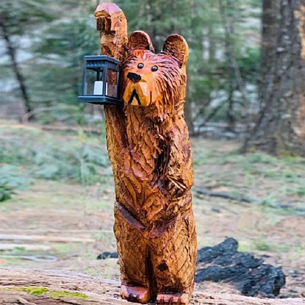 

Carved Bear Figurine with Solar Lantern Handicraft Resin Bear Figurine Light Garden Decoration Animal Ornament Halloween Decor