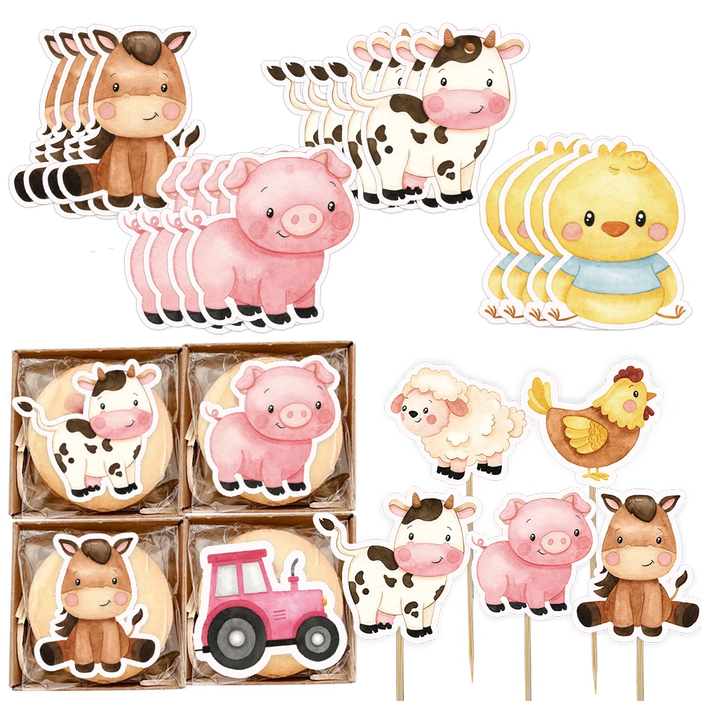 1set Carton Farm Animal Paper Hanging Tags Stickers for Kids Farm Themed Birthday Party Decoration DIY Gifts Wrapping Supplies