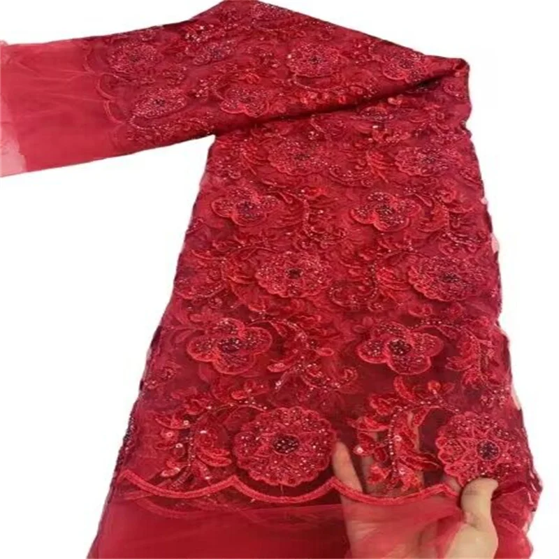 

Pink High-End Handmade Beaded Lace Fabric Red Embroidery French Lace Wedding Dress Blue Embroidered Aqua Tulle Fabric Orange