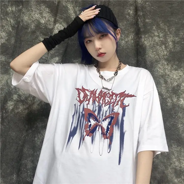 

Gothic Butterfly T Shirt Women Punk Streetwear Tops Harajuku Letter Print Tshirt Summer Short Sleeve Casual Oversized T Shirt