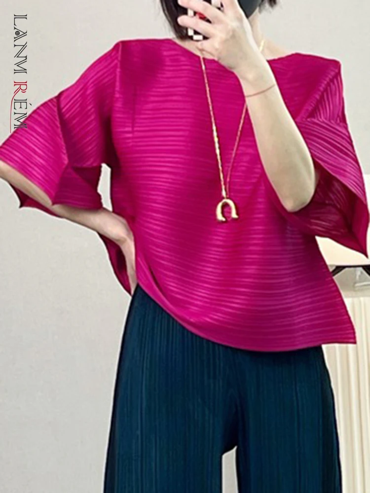 

LANMREM Casual Solid Color Pleated T-shirt Women Round Neck Flare Short Sleeves Tops Fashion Versatile 2023 New Clothing 2AA1541