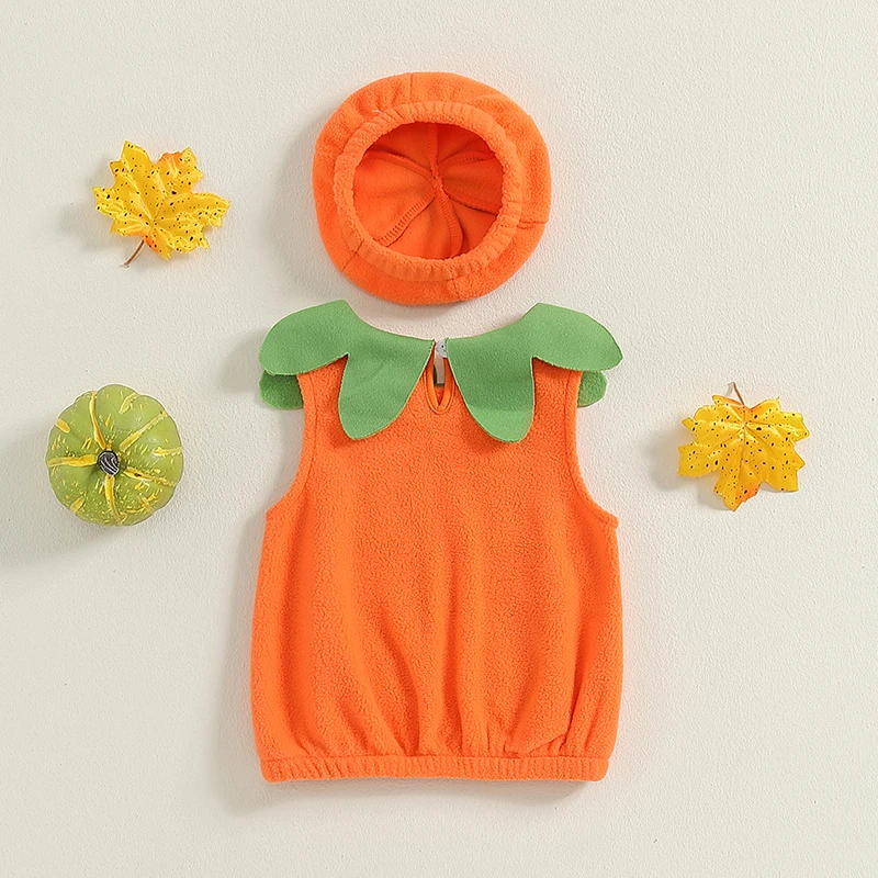 Adorable Infant Halloween Dress Up Set with Sleeveless Pumpkin Shirt and Matching Hat for Boys and Girls-Fun Role Play