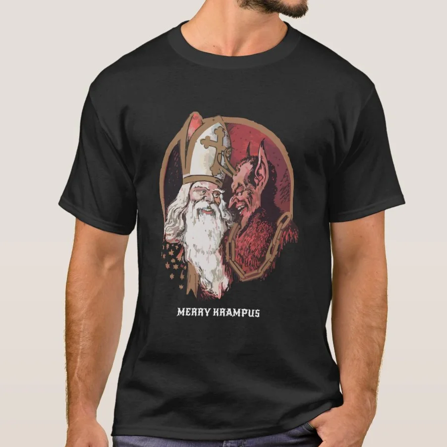 

Merry Krampus. Christmas Demon and St. Nicholas T Shirt. New 100% Cotton Short Sleeve O-Neck T-shirt Casual Mens Top