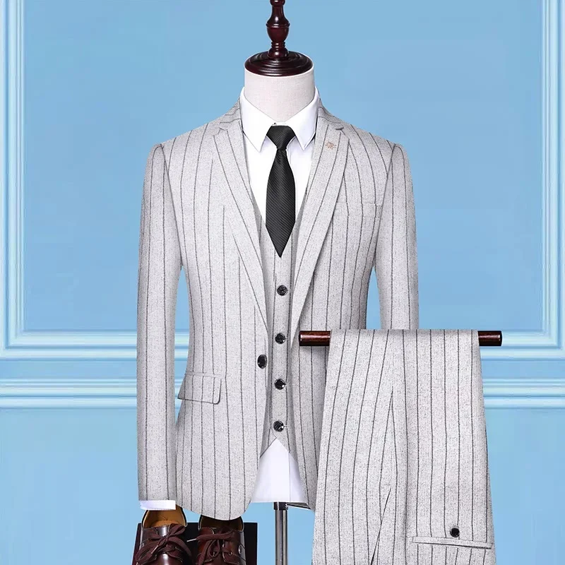 Formal Suit (suit + Vest + Trousers) Single Button Fashion Business Vertical Stripe Gentleman Suit Korean Suit Three-piece