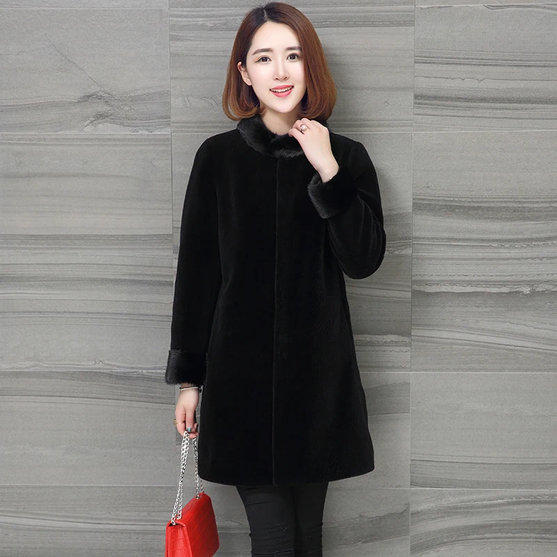 

Autumn/Winter New Product Sheep Fleece Fur Women's Mid length Coat Wool Coat Mink Collar Haining Fashion 2023