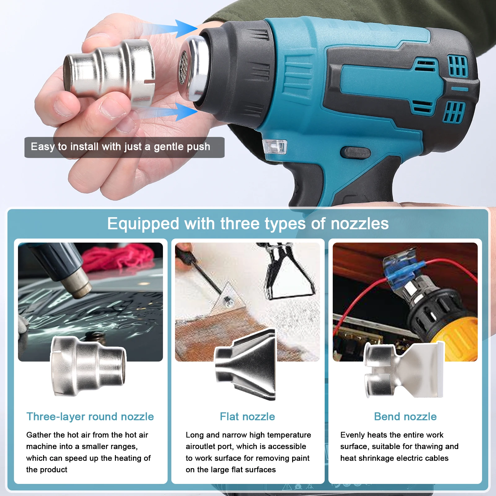 Cordless Handheld Hot Air Heating Machine Lithium Rechargeable Heating Equipment High Temperature Power Tool with 3 Nozzles 4