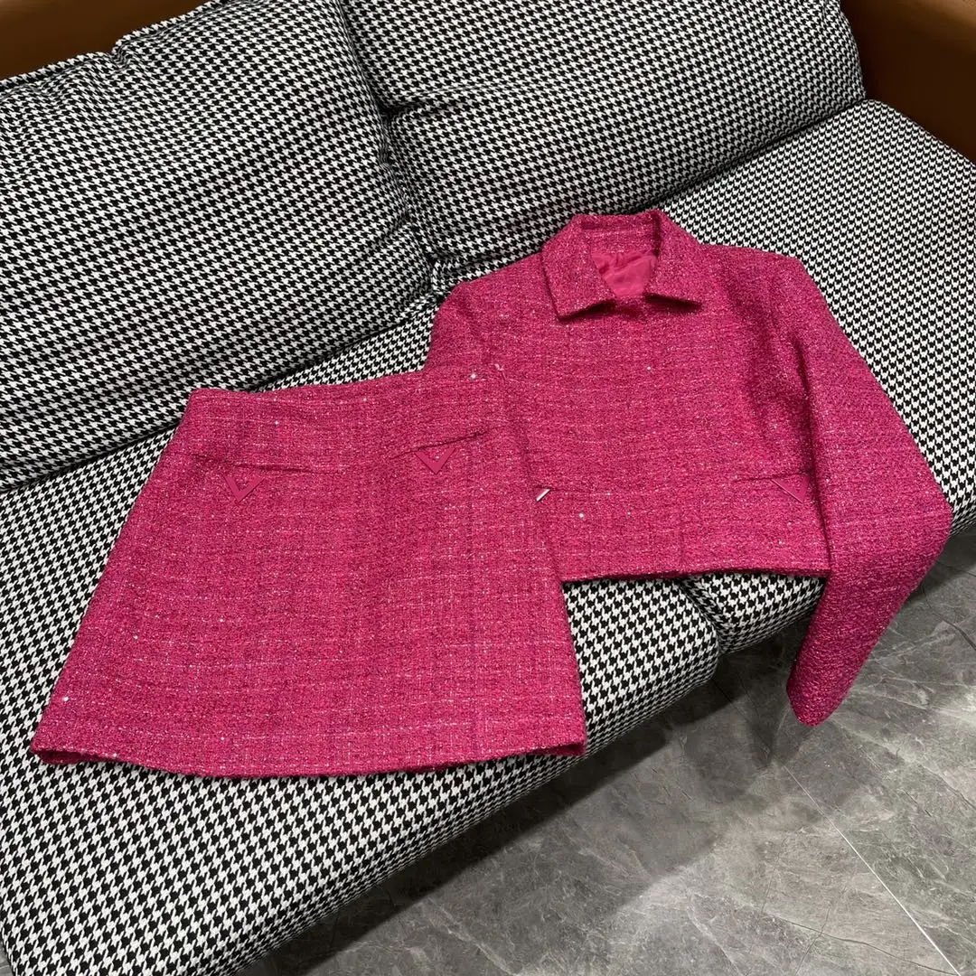 2024 Spring/Summer New Women's Wear Rose Red Tweed Sequins Turn-down Collar Coat and Skirt 0409