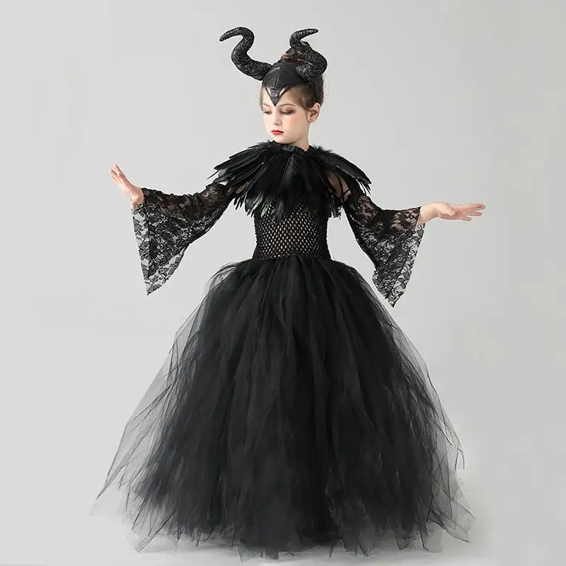 

Girls Black Devil Unicorn Tutu Dress Halloween Girl Tutu Dress Ankle Length Dresses Devil Costume Cosplay Outfits Horns Wings