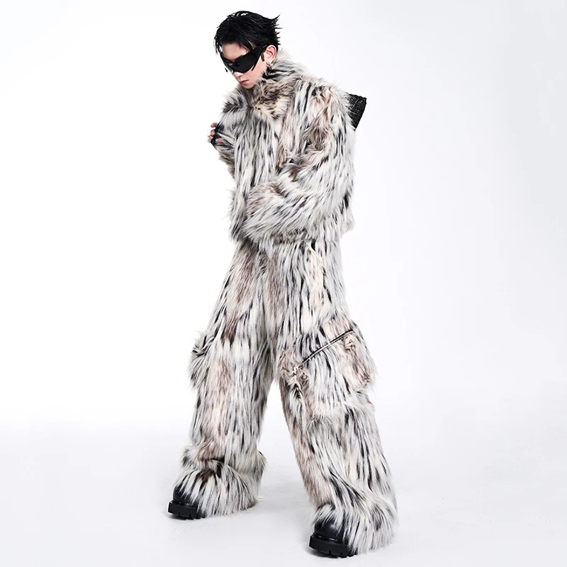 FEWQ 2024 Winter New Men Two-piece Niche Fur Plush Long Sleeved Coats Large Pocket Decoration Casual Trousers Men's Suit 24E5008 2