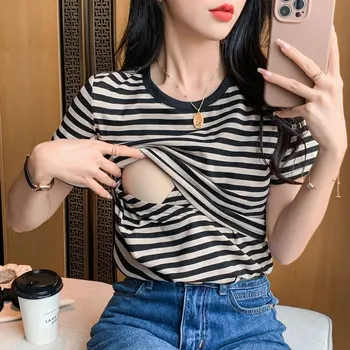 Summer Maternity Striped Breastfeeding T-shirts O-Neck Cotton T Shirt Postpartum Hot Mom Nursing Clothes Tees Lactation Tops Tee