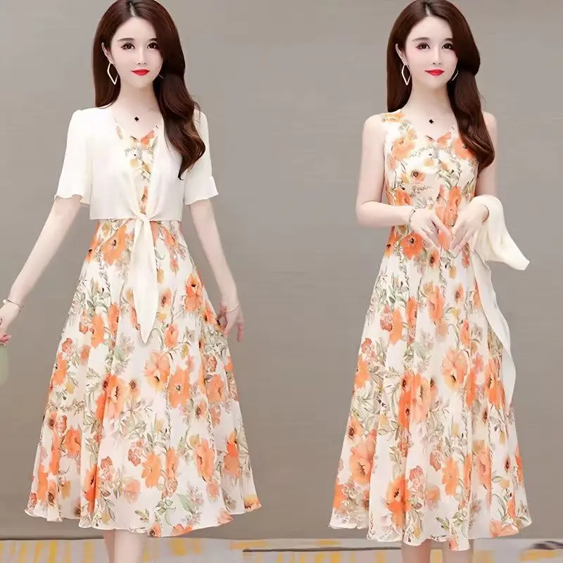

Summer New Matching Set Women's Fashion Sunscreen Shirt+Strap Skirt Two Piece Set Korean Unique and Elegant Midi Skirt Set L16
