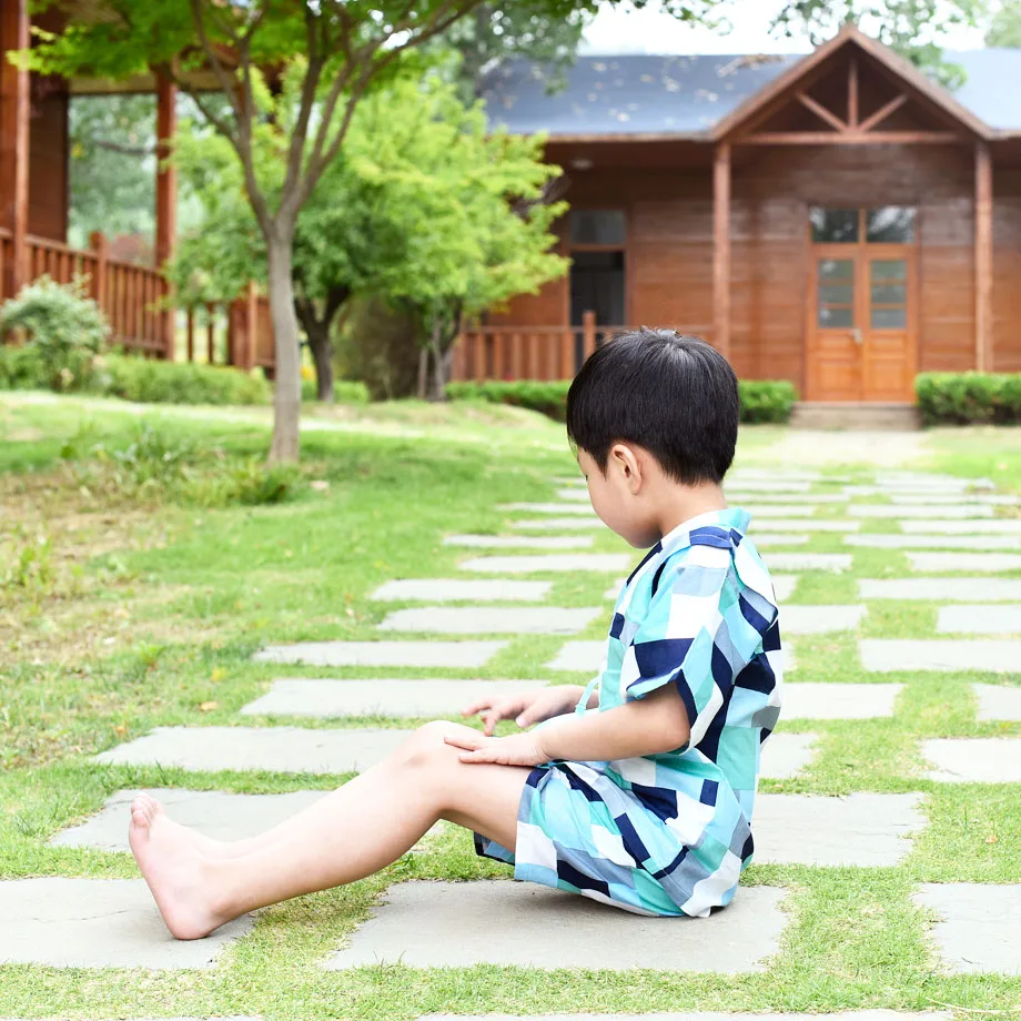 Japanese Cotton Children's Kimono Pajamas Set Boys Baby Short-Sleeved Creative Plaid Print Simple Sleepwear Pajamas Set LC827