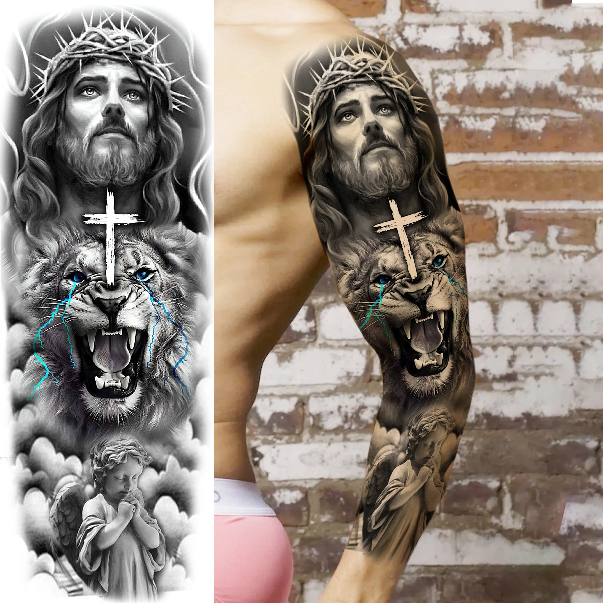 1 Sheet Long Large Zeus Jesus Full Arm Temporary Tattoos Halloween
