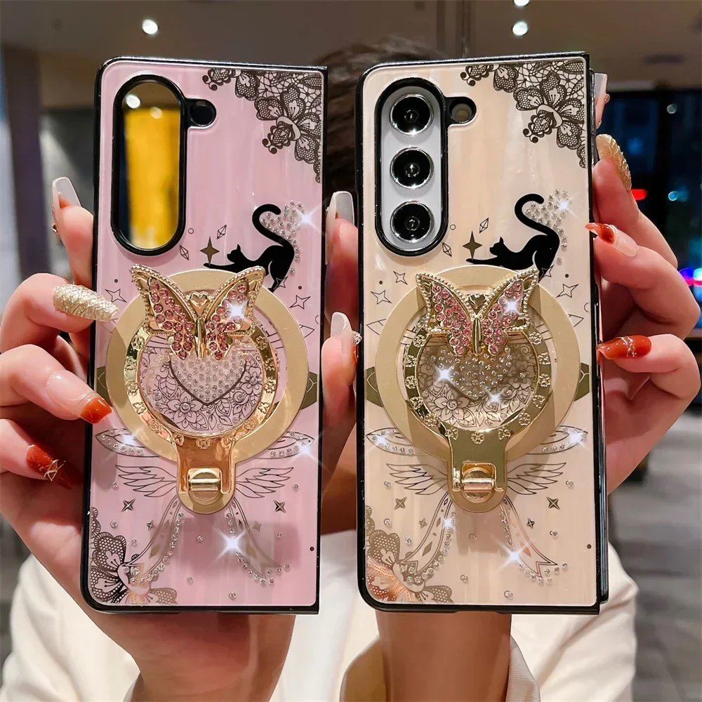 Design Nachtkatze Schmetterling Glitzer Metallring Magsafe Hülle für Galaxy Z Fold 6 5 Z Fold 4 5G Wireless Charging Klapphülle_voghion.com